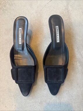 Manolo Blahnik Black Suede Pointed Mule Slides with Buckle Detail